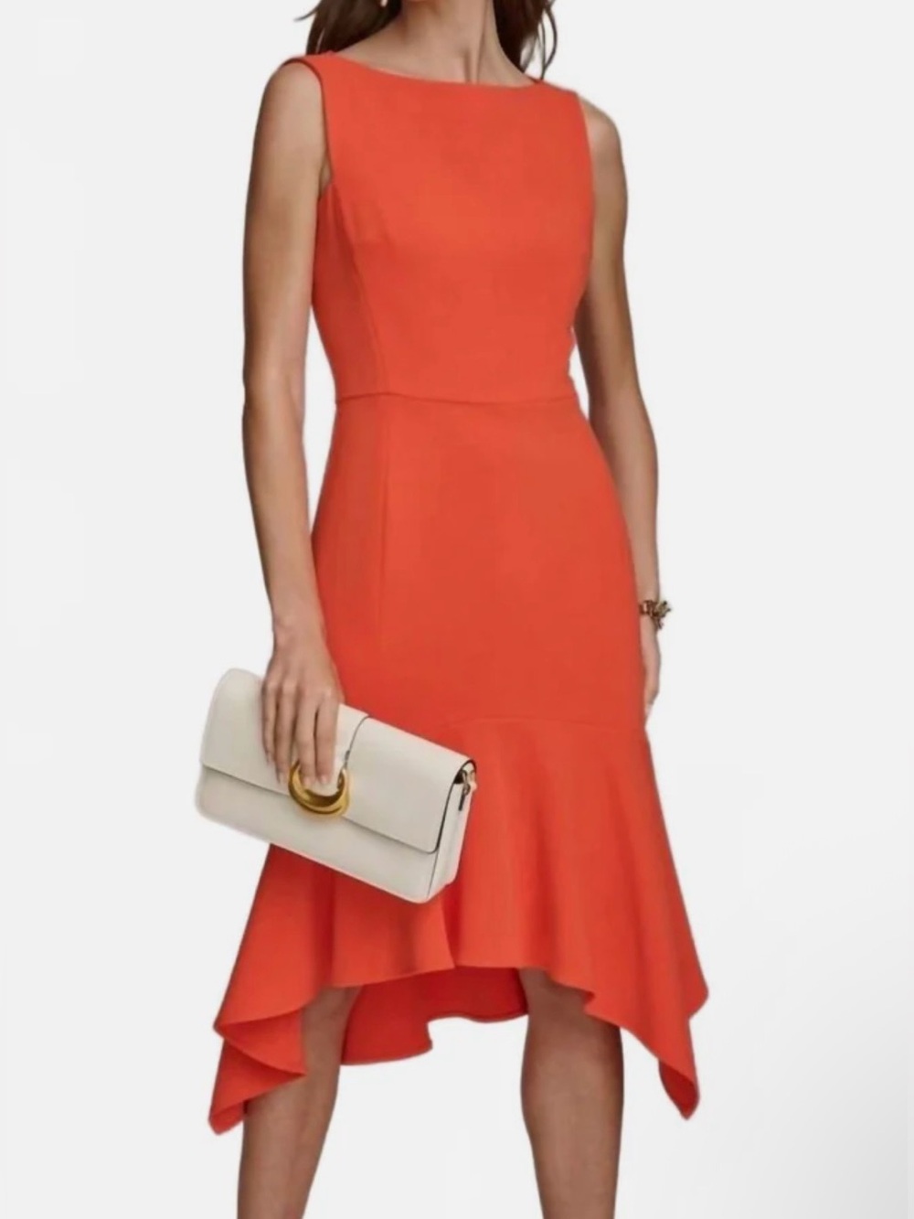 Donna Karan Vibrant Orange Sleeveless High-Low Hem Boat-Neck Dress